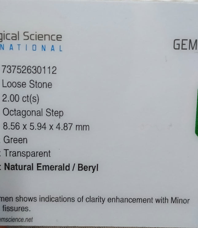2.00ct Deep Green Zambian Emerald Certified Natural Octagon Cut Gemstone