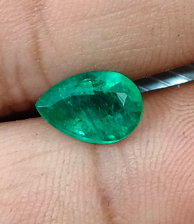 1.57ct Zambian Emerald Certified Natural Medium Deep Green Pear Cut Loose Gemstone