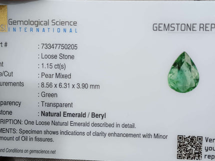 Certified 1.15ct Zambian Natural Emerald