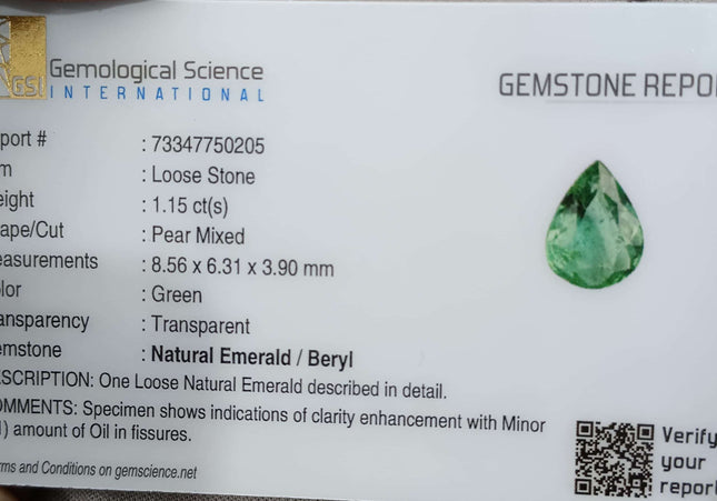 GSI Certified 1.15ct Medium Green Zambian Emerald Minor Oiled Loose Gemstone