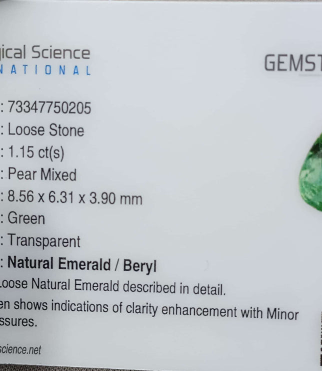 Certified 1.15ct Zambian Natural Emerald