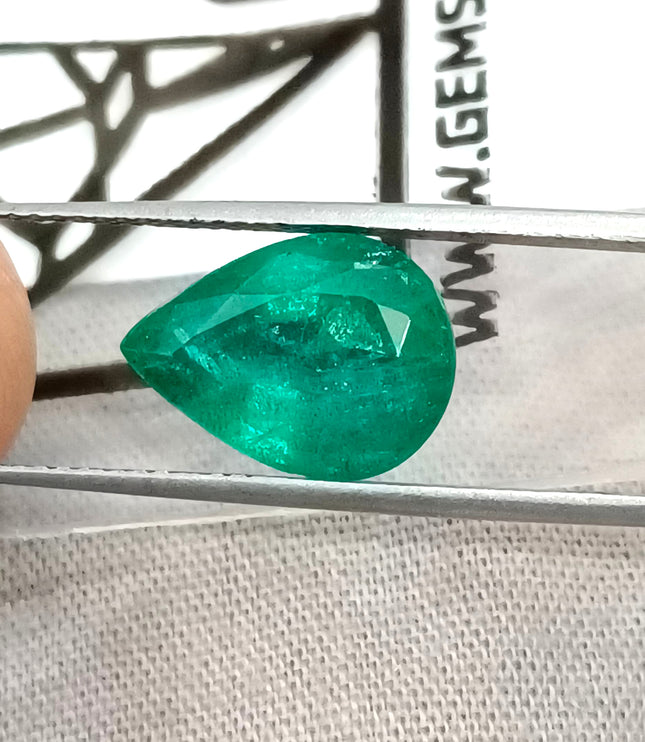4.27ct Natural Emerald GSI Certified Zambian Deep Pure Green Pear Cut Loose Gemstone