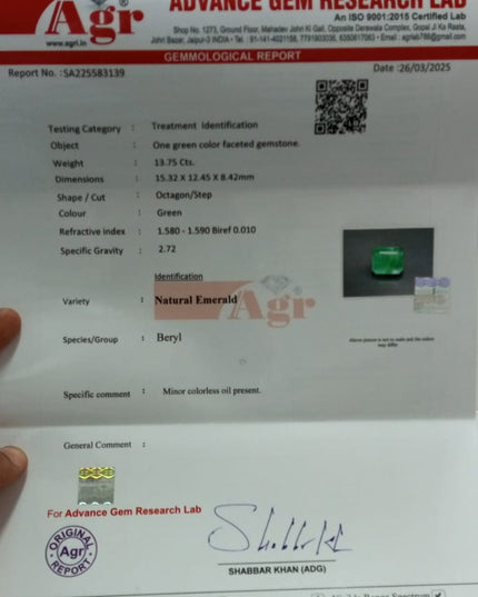 Natural Emerald 13.75 ct Swat Loose Gemstone – Medium Light Green Collectors Investment