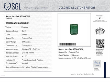 Natural Emerald 2.14ct Medium Green SGL Certified Octagon Cut Gemstone