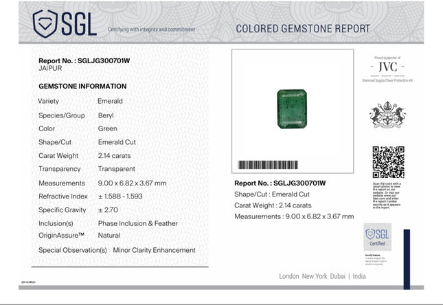 Natural Emerald 2.14ct Medium Green SGL Certified Octagon Cut Gemstone