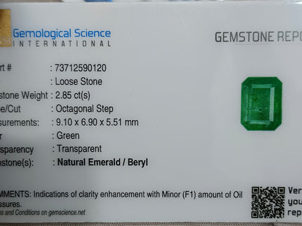 2.85ct Zambian Emerald, Certified Natural Medium Deep Green Octagon Cut Gemstone