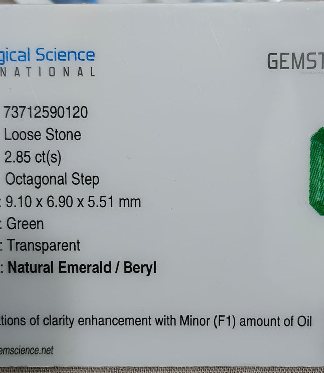 2.85ct Zambian Emerald, Certified Natural Medium Deep Green Octagon Cut Gemstone
