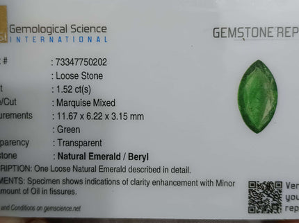 Certified 1.52ct Natural Zambian Emerald