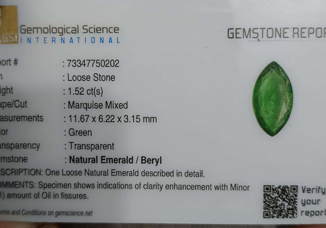 GSI Certified 1.52ct Medium Leaf Green Natural Zambian Emerald Minor Oiled Loose Gemstone