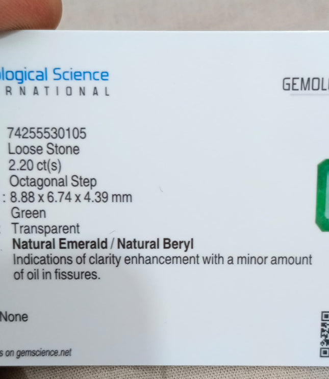 2.20ct Natural Emerald GSI Certified Deep Green Octagon Cut Loose Gemstone