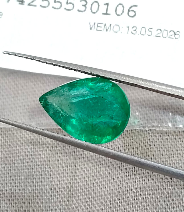 2.69ct Natural Emerald Medium Deep Vivid Green Pear Cut GSI Certified Gemstone
