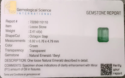 GSI Certified 2.41ct Velvet Green Zambian Emerald, 100% Natural Gemstone