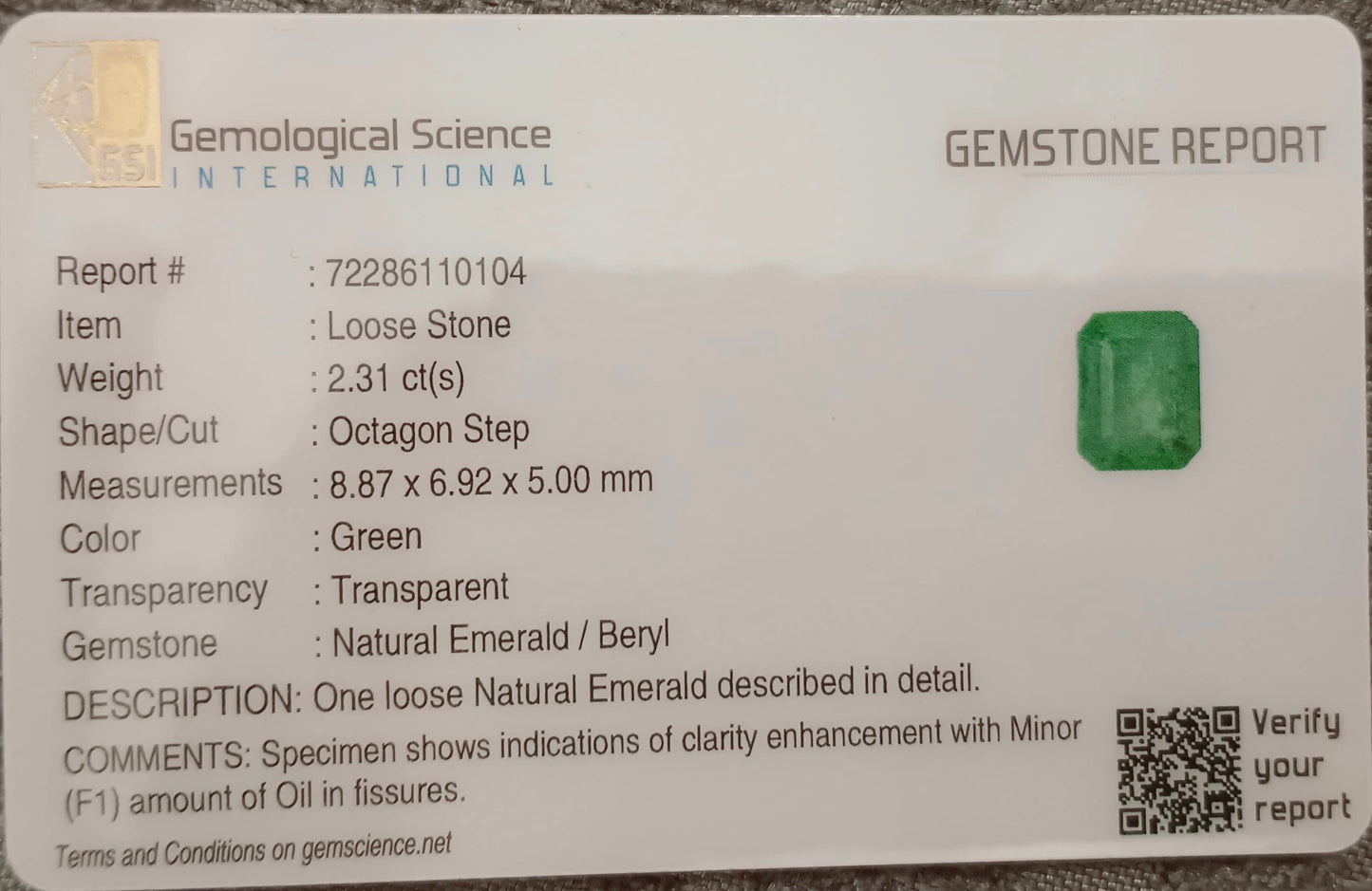 GSI Certified 2.31ct Vivid Green Ethiopian Emerald, 100% Natural Gem