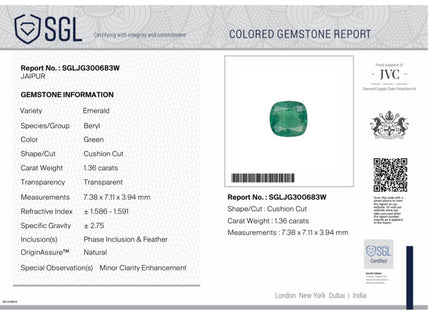 Natural Emerald 1.36ct Medium Neon Green SGL Certified Zambian Cushion cut Minor Oiled Gemstone