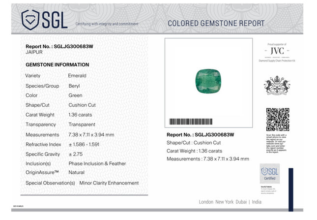 Natural Emerald 1.36ct Medium Neon Green SGL Certified Zambian Cushion cut Minor Oiled Gemstone