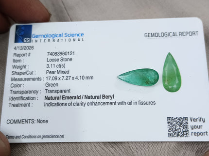 3.11ct Natural Emerald Medium Green Certified Pear Cut Loose Gemstone
