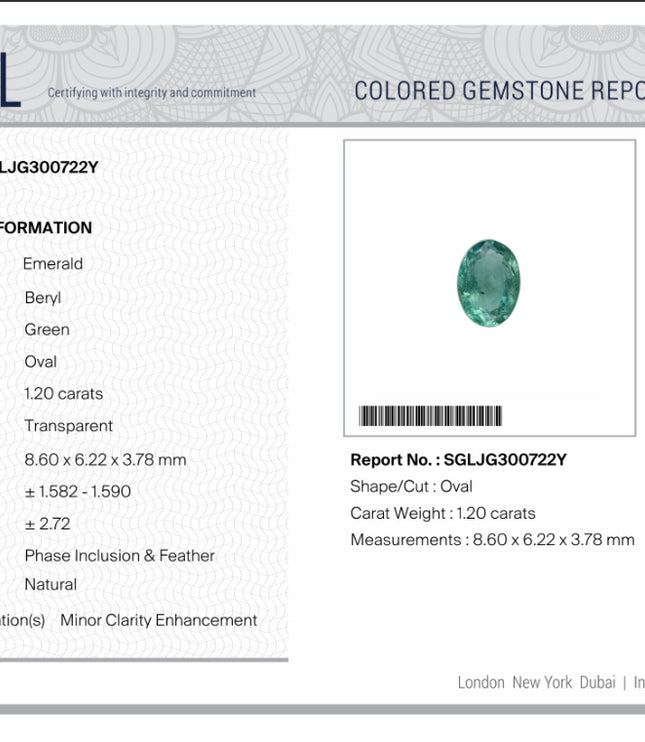 1.20ct Bright Medium Light Green Zambian Natural Emerald Oval Cut SGL Certified Gemstone