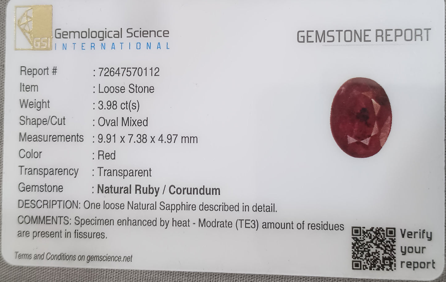 GSI Certified 3.98ct Sri Lanka Ruby, Natural Heated Gemstone