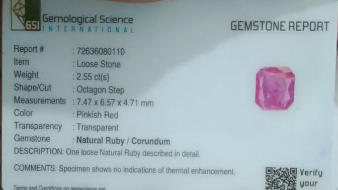 GSI Certified 2.55ct Pinkish Red Ruby, 100% Natural Untreated Gemstone - SMSGEMS 