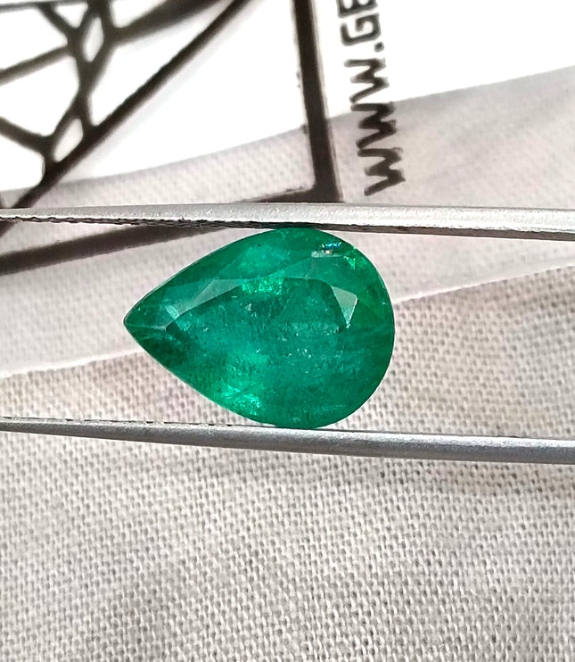 4.27ct Natural Emerald GSI Certified Zambian Deep Pure Green Pear Cut Loose Gemstone
