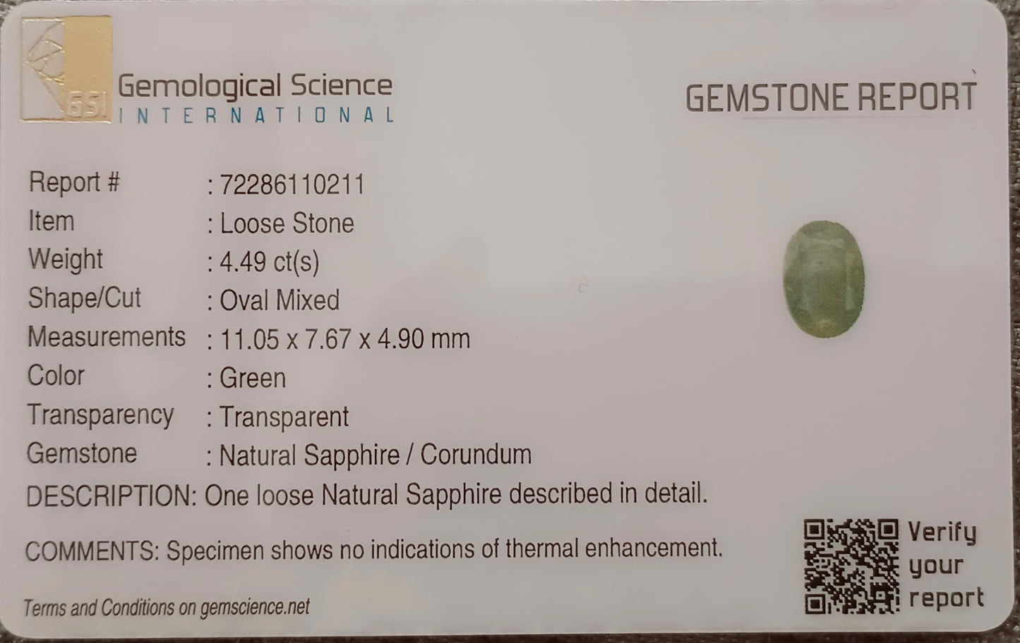 GSI Certified 4.49ct Green Ceylon Sapphire, 100% Natural Untreated Gemstone