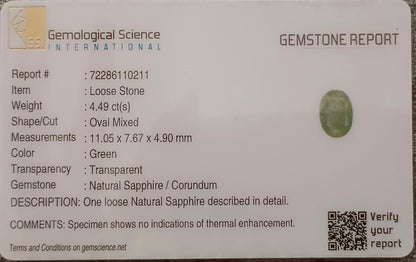 GSI Certified 4.49ct Green Ceylon Sapphire, 100% Natural Untreated Gemstone