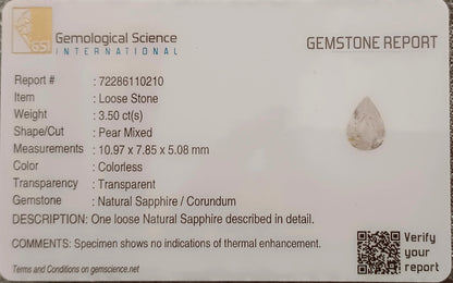 GSI Certified 3.50ct White Sapphire, 100% Natural Untreated Gemstone