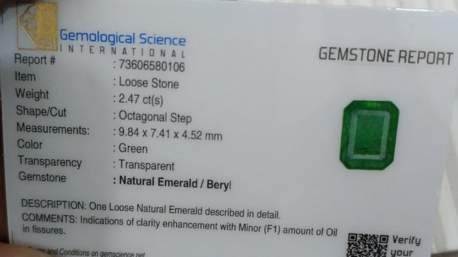Zambian Emerald 2.47ct Medium Deep Pure Green Certified Natural Loose Gemstone