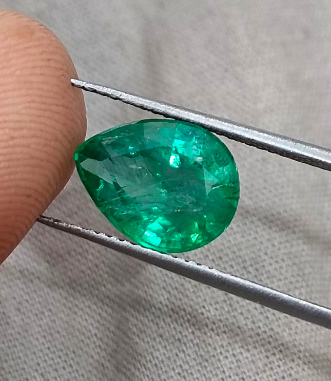3.19ct Zambian Emerald, Certified Natural Bright Spring Green Pear Cut Loose Gemstone