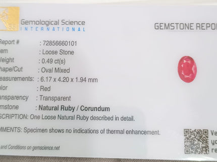 Certified 0.49ct Natural Unheated Blood Red Mozambique Ruby.