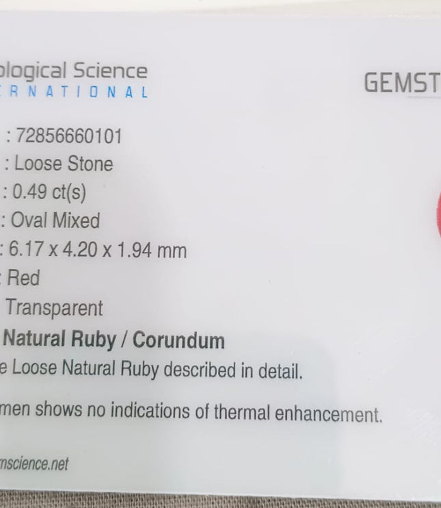 Certified 0.49ct Natural Unheated Blood Red Mozambique Ruby.