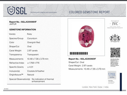 2.87ct Mozambique Ruby Unheated Natural Rasberry Ruby SGL Certified Oval Cut Loose Gemstone