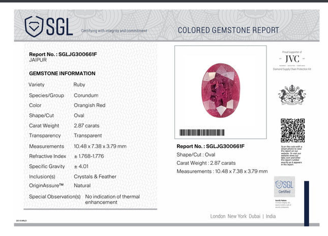 2.87ct Mozambique Ruby Unheated Natural Rasberry Ruby SGL Certified Oval Cut Loose Gemstone