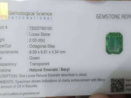2.03ct Certified Colombian Natural Emerald