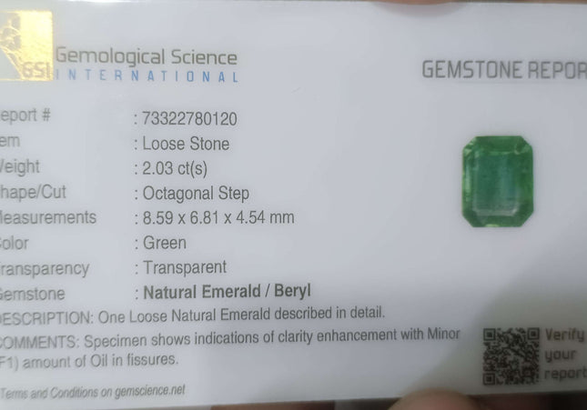 2.03ct GSI USA Certified Pastel Green Zambian Emerald Minor Oiled Loose Gemstone