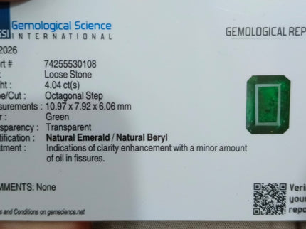 4.04ct Emerald Natural GSI Certified Pure Dark Green Octagon Cut Gemstone
