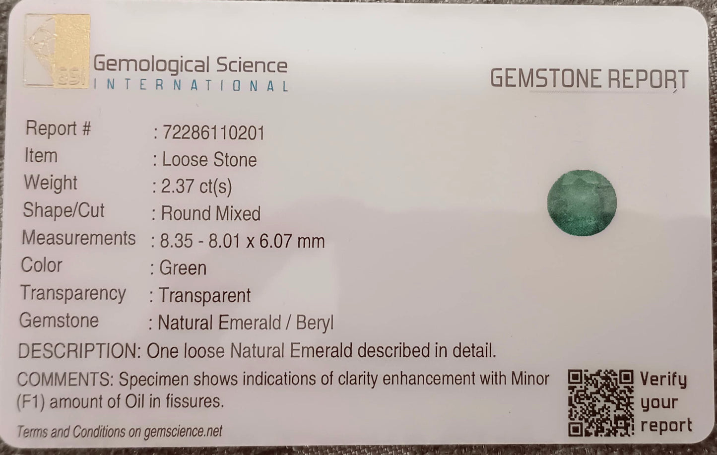 GSI Certified 2.37ct Colombiam Emerald, 100% Natural Gemstone