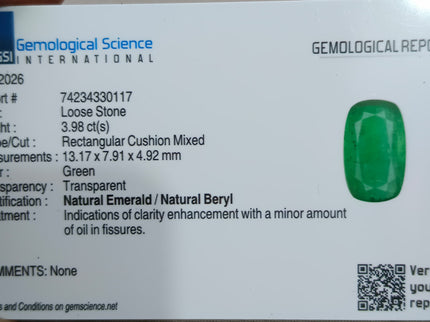 Natural Emerald 3.98ct GSI Certified Deep Green Cushion Cut Loose Gemstone