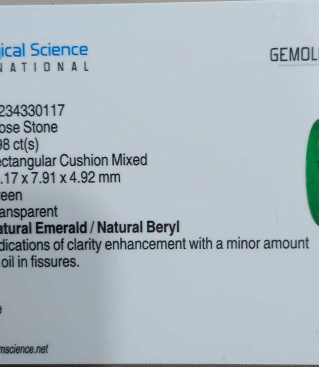 Natural Emerald 3.98ct GSI Certified Deep Green Cushion Cut Loose Gemstone