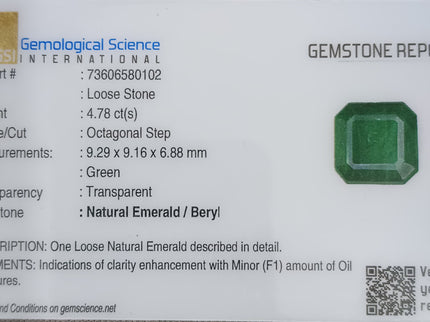4.78ct Exceptional Top Vivid Green Zambian Emerald, Certified Natural Octagon Cut Loose Gemstone