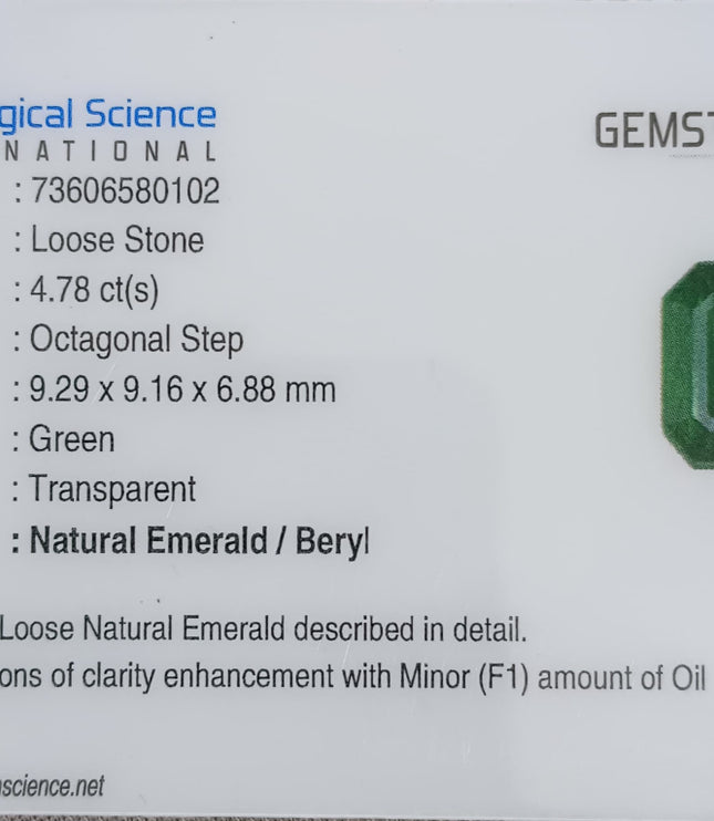 4.78ct Exceptional Top Vivid Green Zambian Emerald, Certified Natural Octagon Cut Loose Gemstone