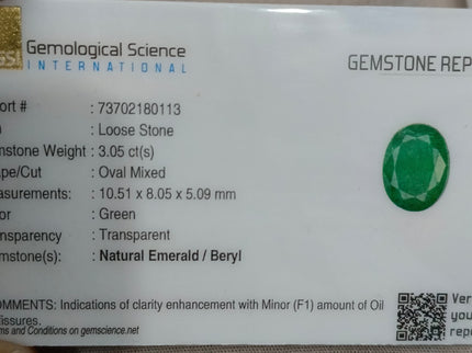 Zambian Emerald 3.05ct Medium Deep Green Oval Cut Loose Gemstone