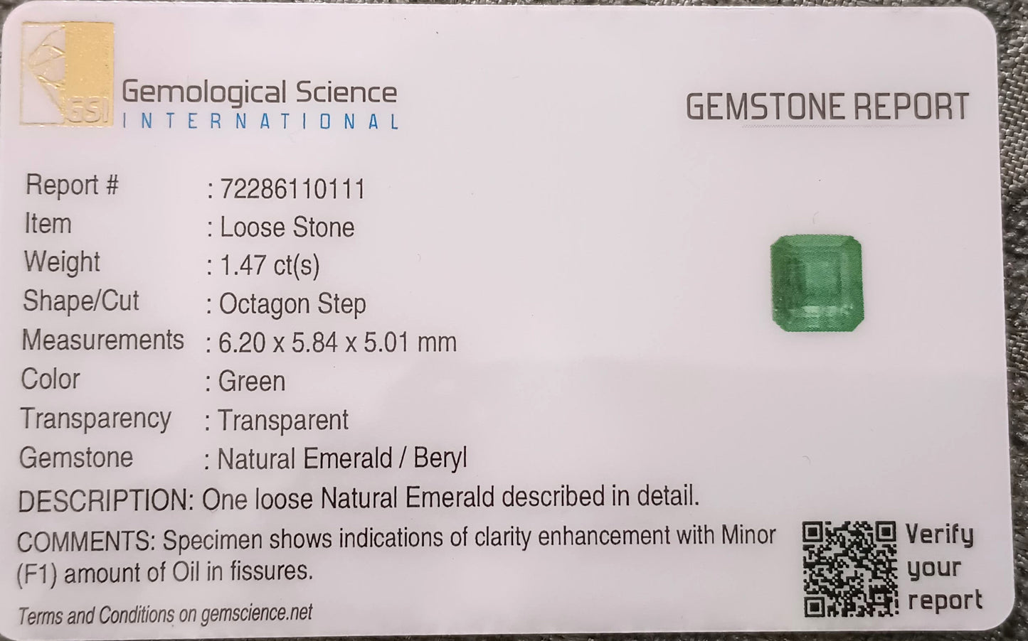 GSI Certified 1.47ct Medium Deep Green Emerald , 100% Natural Earth Mined Gemstone