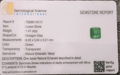 GSI Certified 1.47ct Medium Deep Green Emerald , 100% Natural Earth Mined Gemstone