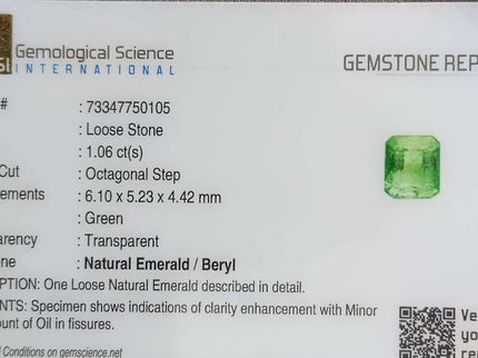 1.06ct Natural Zambian Emerald, Certified Minor Oiled Loose Gemstone