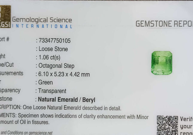 GSI Certified 1.06ct Medium Intense Green Zambian Emerald Minor Oiled Loose Gemstone