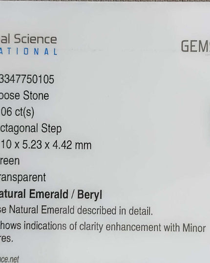 GSI Certified 1.06ct Medium Intense Green Zambian Emerald Minor Oiled Loose Gemstone