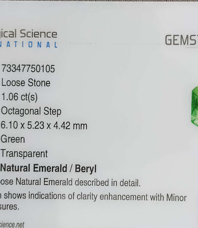 1.06ct Natural Zambian Emerald, Certified Minor Oiled Loose Gemstone