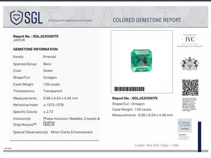 1.59ct Colombian Emerald Natural SGL Certified Medium Deep Green Octagon Cut Loose Gemstone