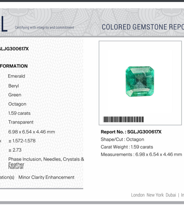 1.59ct Colombian Emerald Natural SGL Certified Medium Deep Green Octagon Cut Loose Gemstone